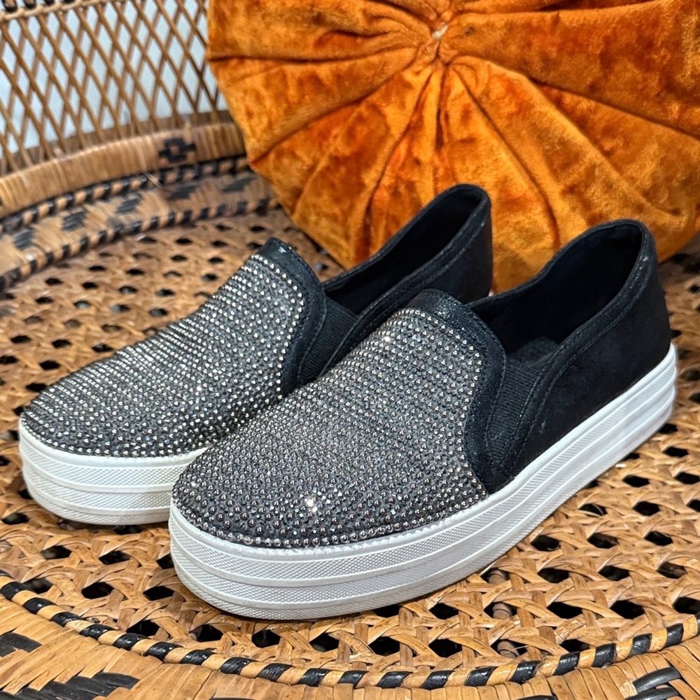 Skechers Black and Silver Slip-On Sneakers Memory Foam